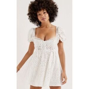 For Love & Lemons Eyelet BECCA Mini Dress Puff Sleeve White Lace L‎ NWT